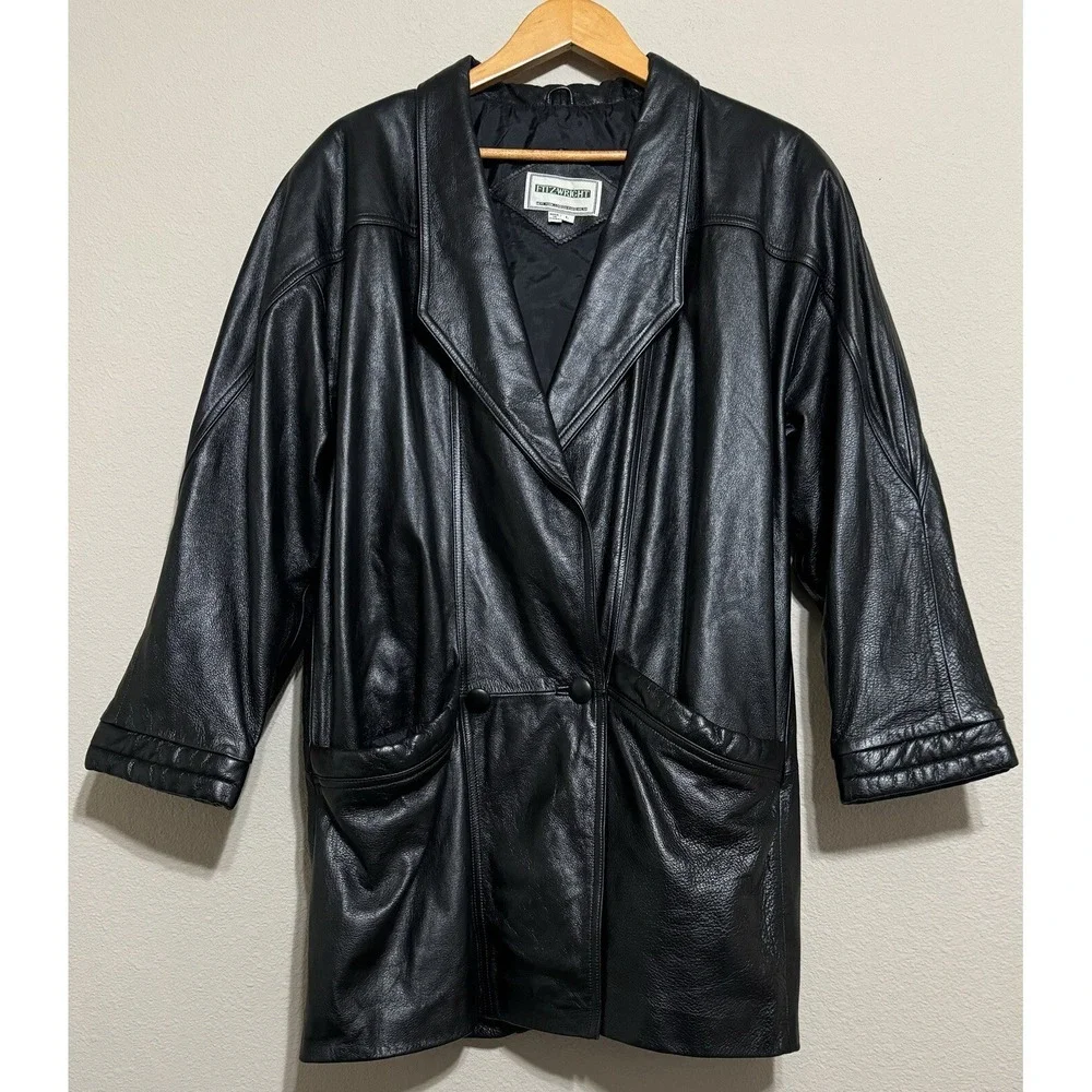 Vintage‎ Fitz-Wright Womens Leather Coat Large Black Mid-Length Heavy EUC